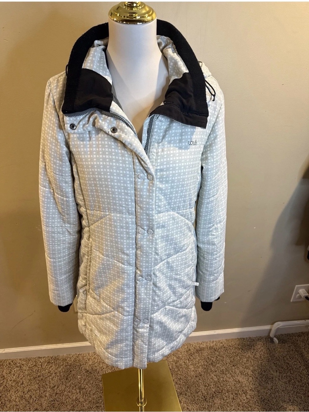 Lole Hooded Insulated Puffer Coat Gray White Print Women’s Medium